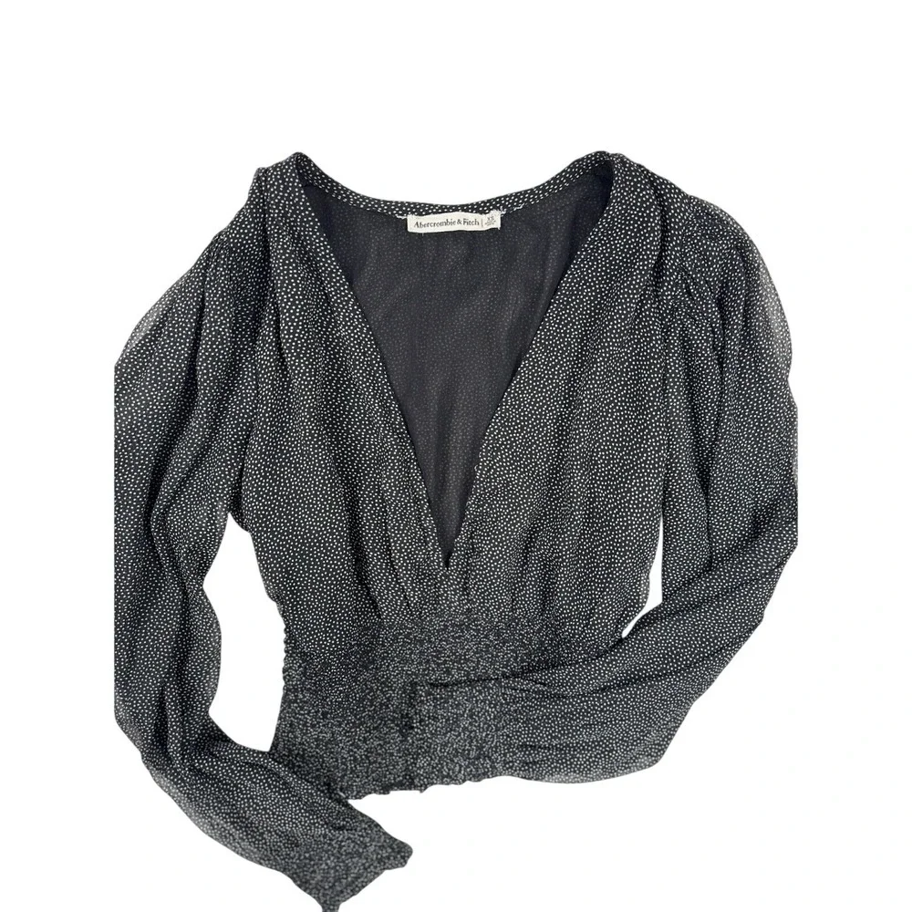 Abercrombie & Fitch Black Polka Dot Smocked‎ Waist Blouse XS Sheer Puff Sleeve